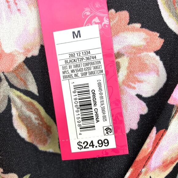 Xhilaration Women's Size Medium Ruffle Faux Wrap Dress Black Pink Floral NWT - Picture 6 of 7